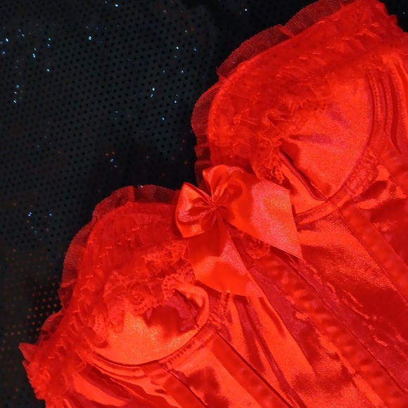 Lace Ruffled Very Red Satin Corset With Bows, Lace Up Back & Side Zipper (M) - Picture 4 of 16